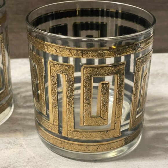 Vintage Culver 22K Gold Greek Key Barware Double Old Fashioned Glasses Set of 3 - Picture 3 of 7